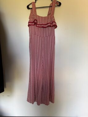 Vintage inspired Red Gingham wide leg jumpsuit with Ruffle Bodice Size